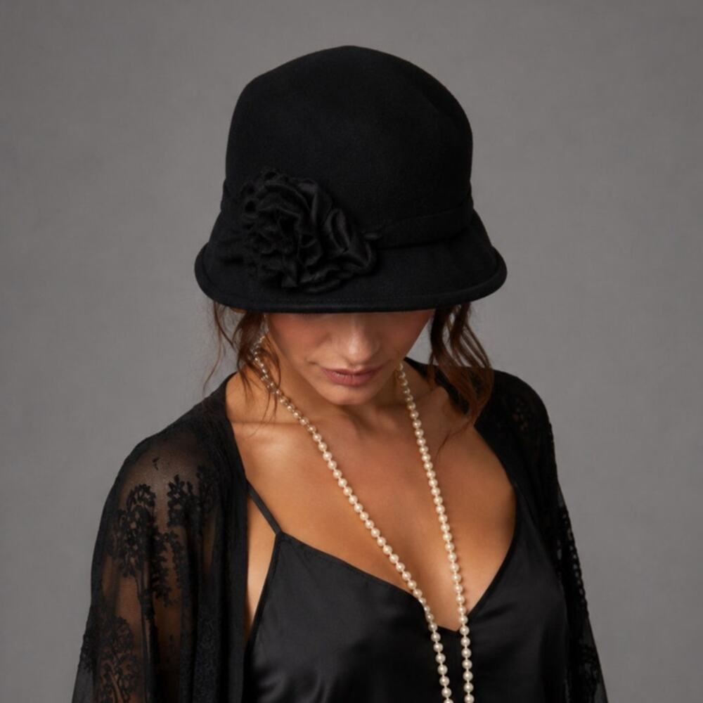 Vintage Womens Wool Black Cloche Hat One Size Flower Roaring 20s Roxie Hart